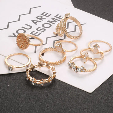 Cross-border New Ring Set Fashion Geometric Snake-shaped Diamond Leaf Ring Tail Ring 9-piece Set