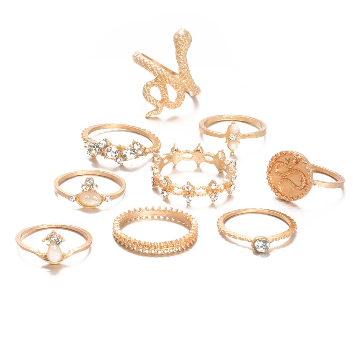 Cross-border New Ring Set Fashion Geometric Snake-shaped Diamond Leaf Ring Tail Ring 9-piece Set