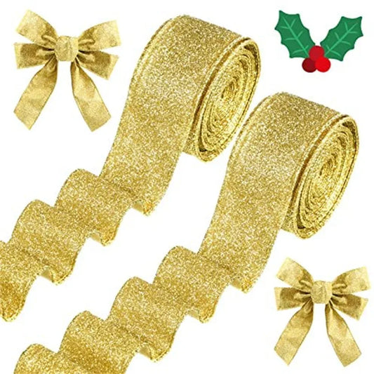 Cross-Border New Style Copy Belt High-End Wansheng Suit Decorative Ribbon Christmas Gift Iron Wire Edge Plaid Glitter Ribbon