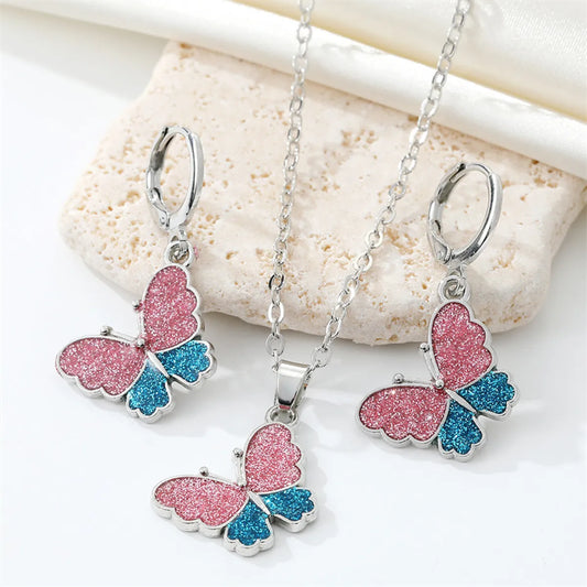 Cross-border Trend Color Glitter Butterfly Necklace Set Cute Animal Ear Ring