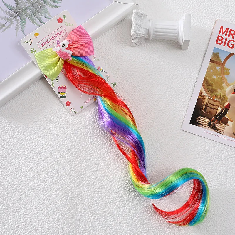 Rainbow Wig Glitter Gradient Hairpin Haircord Hairband Children'S Wig Bow Wig Hairpin