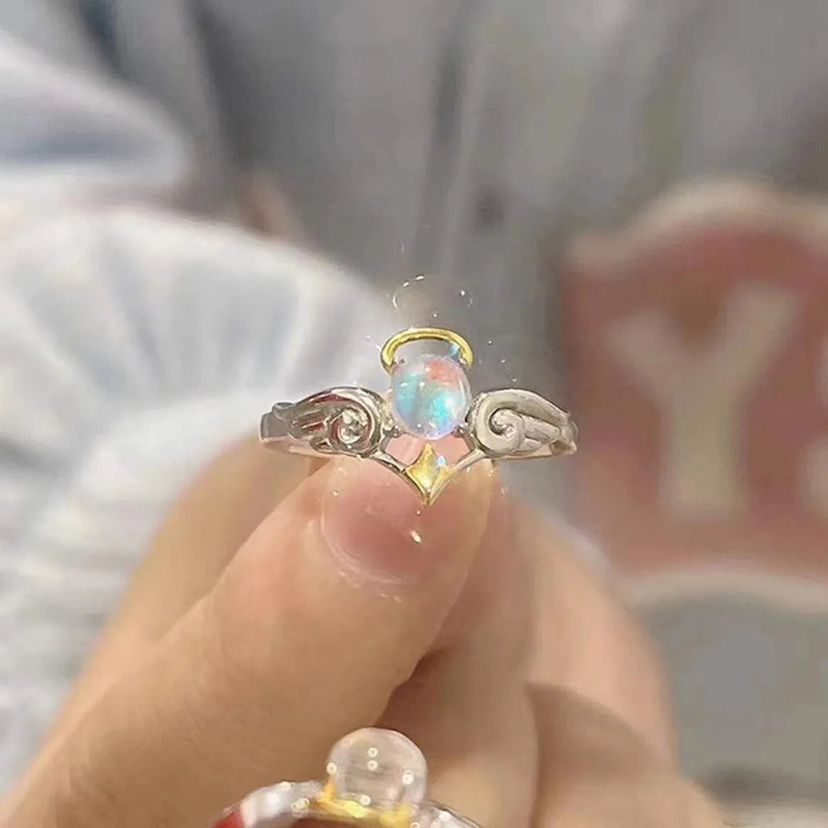 Cute Angel Wings Moonstone Alloy Wholesale Open Ring