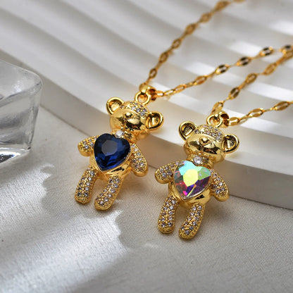 Cute Animal Bear Heart Shape Titanium Steel Copper Inlay Zircon Pendant Necklace