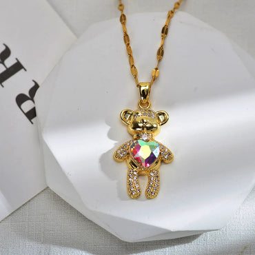 Cute Animal Bear Heart Shape Titanium Steel Copper Inlay Zircon Pendant Necklace