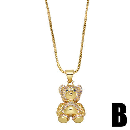 Cute Animal Bear Heart Shaped Inlaid Zircon Pendant Copper Necklace Wholesale