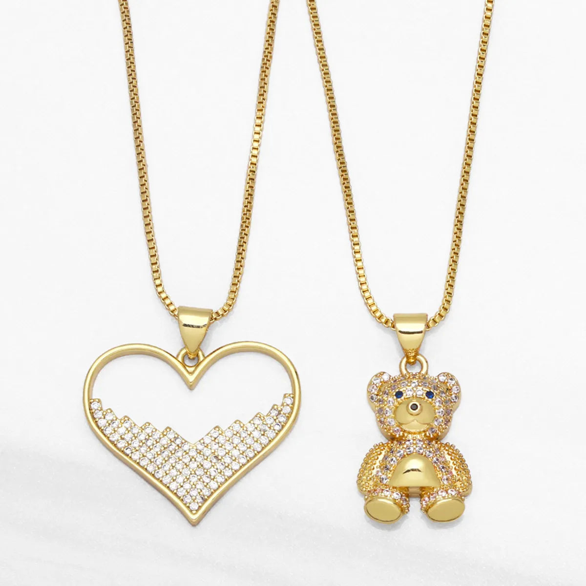 Cute Animal Bear Heart Shaped Inlaid Zircon Pendant Copper Necklace Wholesale