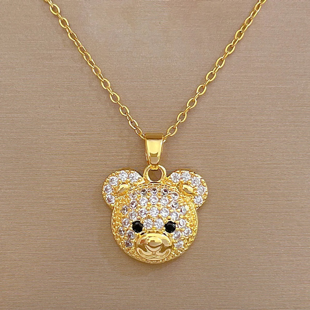 Cute Animal Bear Stainless Steel Copper Inlay Zircon Pendant Necklace