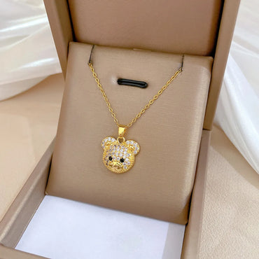 Cute Animal Bear Stainless Steel Copper Inlay Zircon Pendant Necklace