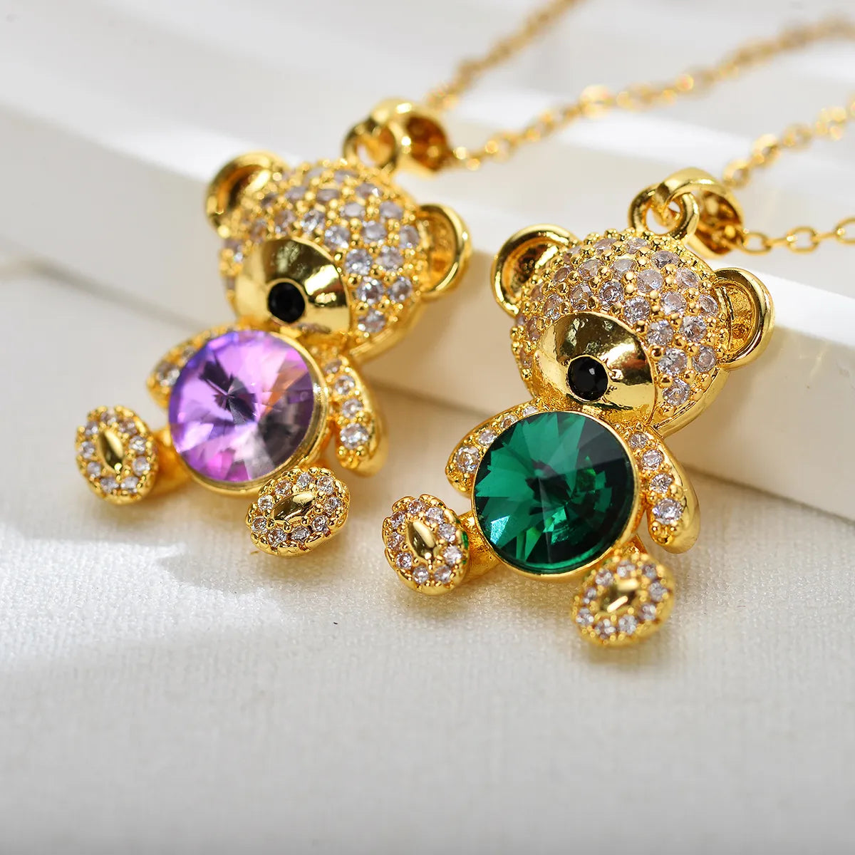 Wholesale Jewelry Cute Animal Bear Titanium Steel Copper Zircon Gold Plated Inlay Pendant Necklace