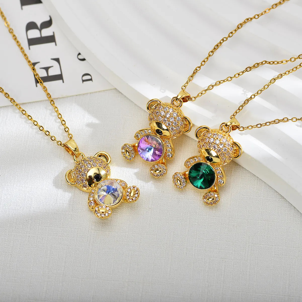 Wholesale Jewelry Cute Animal Bear Titanium Steel Copper Zircon Gold Plated Inlay Pendant Necklace