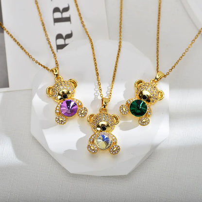 Wholesale Jewelry Cute Animal Bear Titanium Steel Copper Zircon Gold Plated Inlay Pendant Necklace