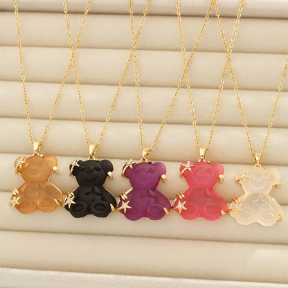 Cute Animal Bear Titanium Steel Copper Zircon Pendant Necklace In Bulk