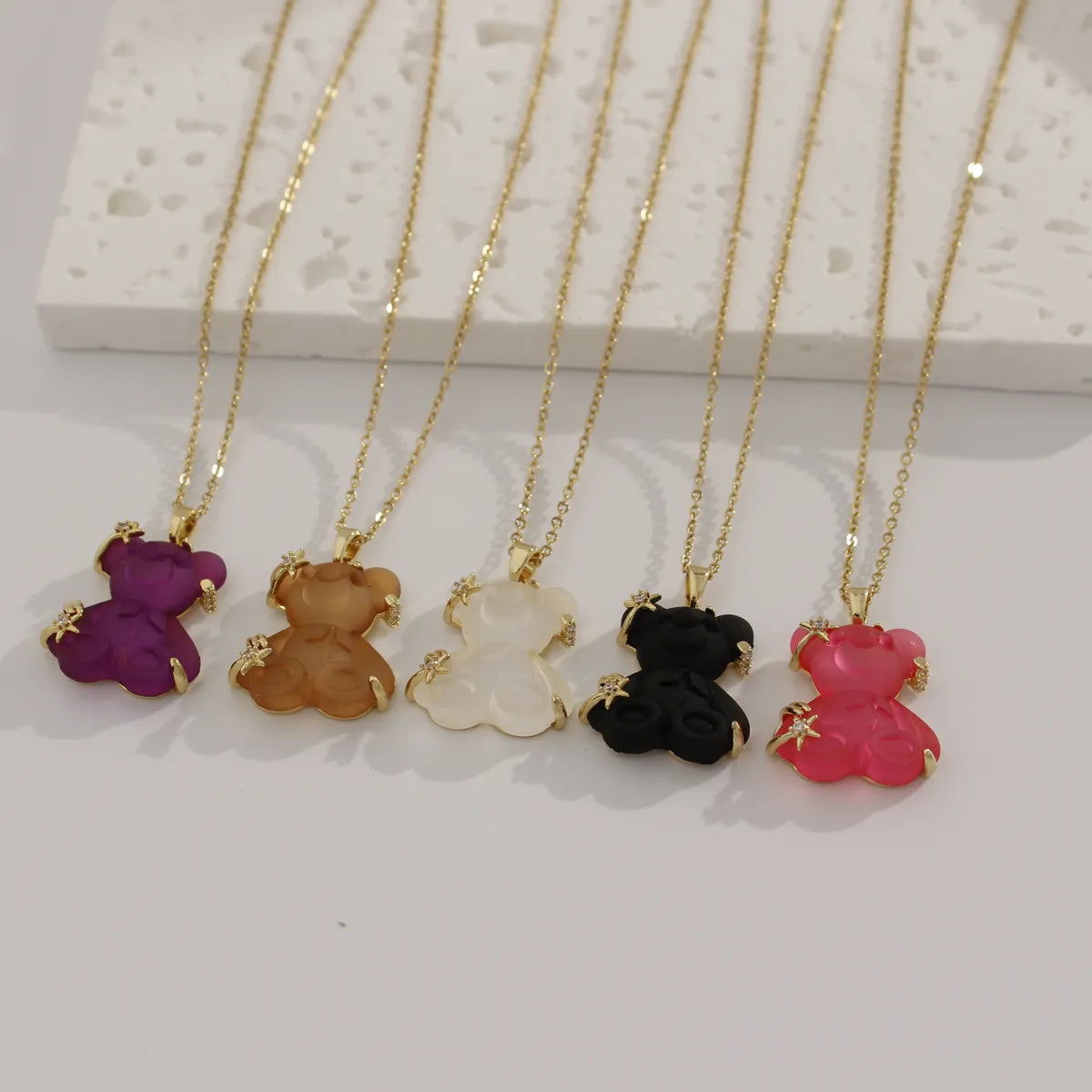 Cute Animal Bear Titanium Steel Copper Zircon Pendant Necklace In Bulk