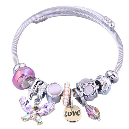 Cute Animal Letter Stainless Steel Plating Inlay Opal Cuff Bracelets