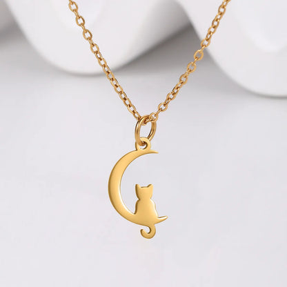 Cute Animal Moon Stainless Steel Titanium Steel Plating Pendant Necklace