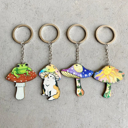 Cute Animal Mushroom Wood Unisex Bag Pendant Keychain