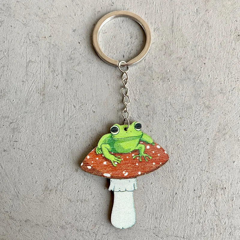 Cute Animal Mushroom Wood Unisex Bag Pendant Keychain