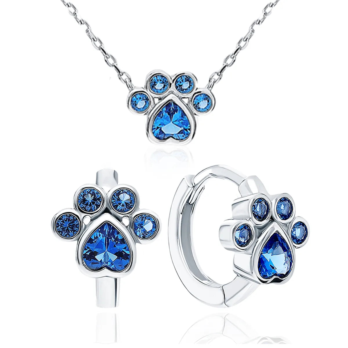 Cute Animal Paw Print Sterling Silver Inlay Glass Zircon White Gold Plated Women'S Jewelry Set