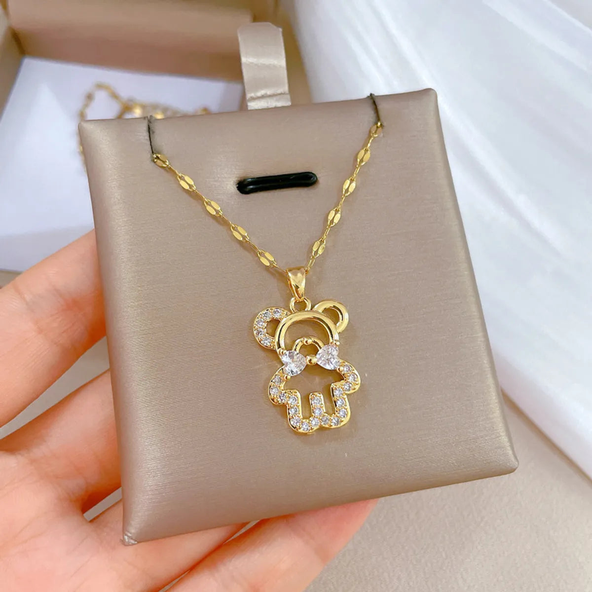 Cute Animal Stainless Steel Copper Inlay Zircon Pendant Necklace