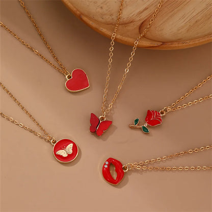 Cute Basic Lady Heart Shape Rose Butterfly Alloy Women's Pendant Necklace