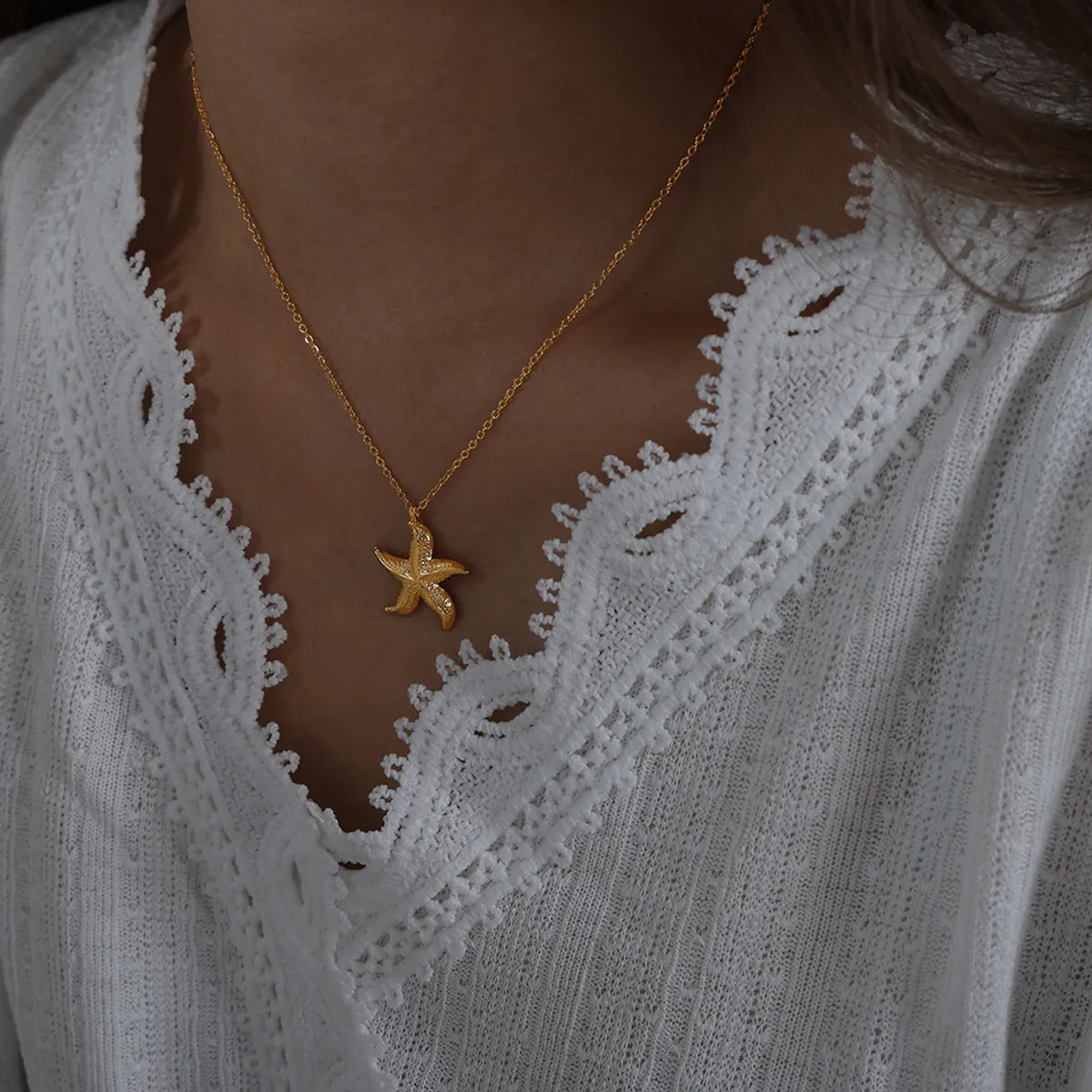 Cute Beach Starfish Titanium Steel Plating 18k Gold Plated Pendant Necklace