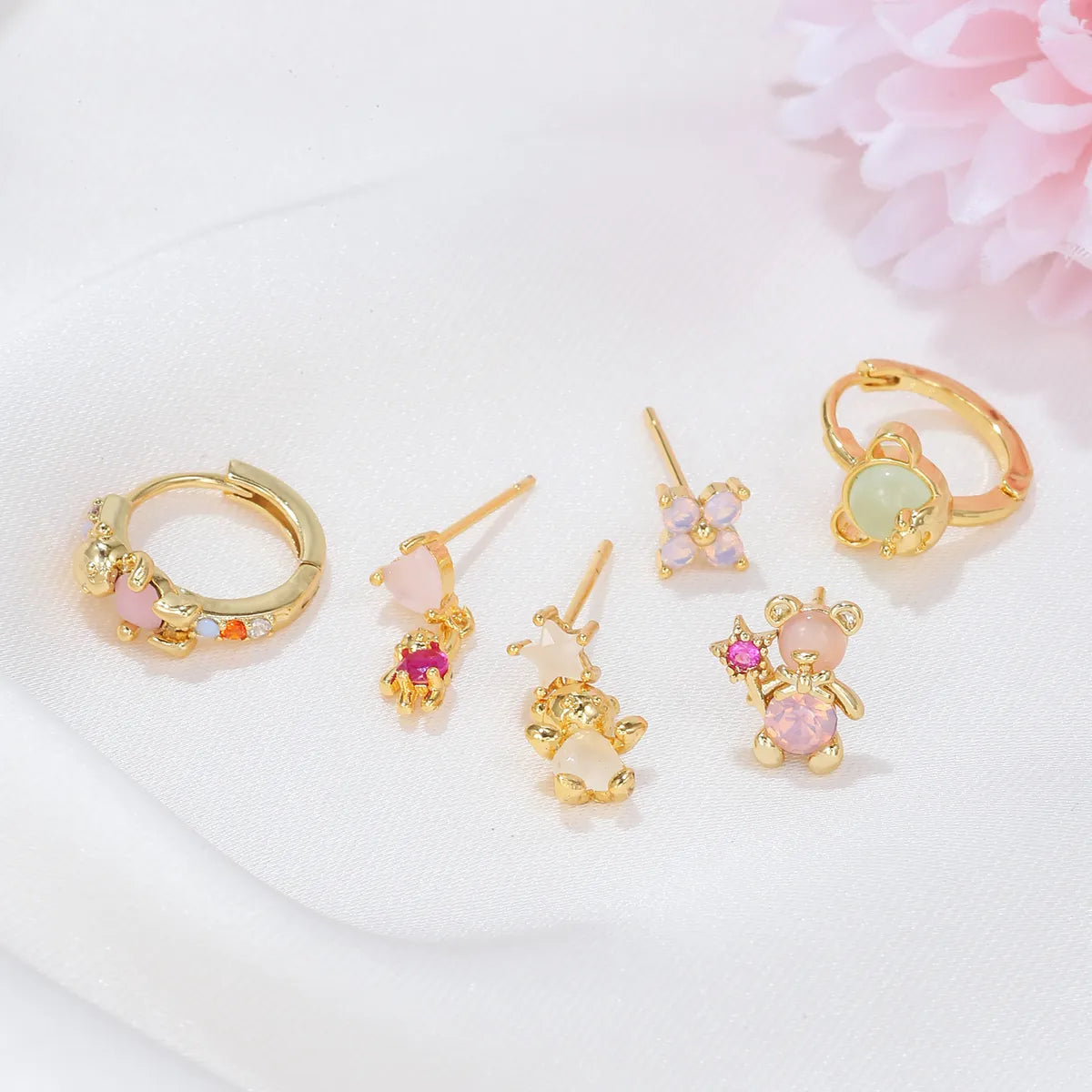 Cute Bear Heart Shape Brass Ear Studs Plating Zircon Copper Earrings