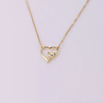 Cute Bear Heart Shape Stainless Steel Copper Plating Inlay Zircon 18k Gold Plated Pendant Necklace