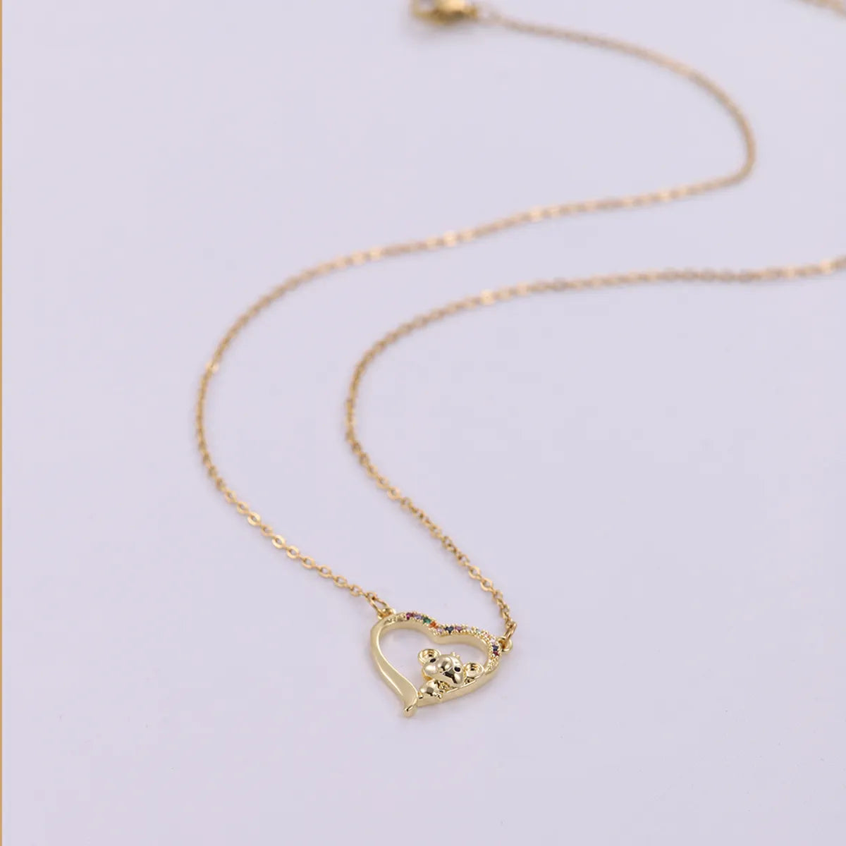 Cute Bear Heart Shape Stainless Steel Copper Plating Inlay Zircon 18k Gold Plated Pendant Necklace