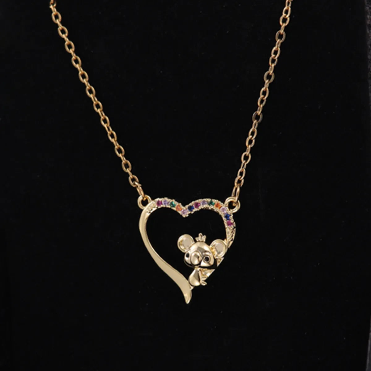 Cute Bear Heart Shape Stainless Steel Copper Plating Inlay Zircon 18k Gold Plated Pendant Necklace