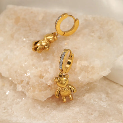 Cute Bear Stainless Steel Gold Plated Rhinestones Drop Earrings 1 Pair