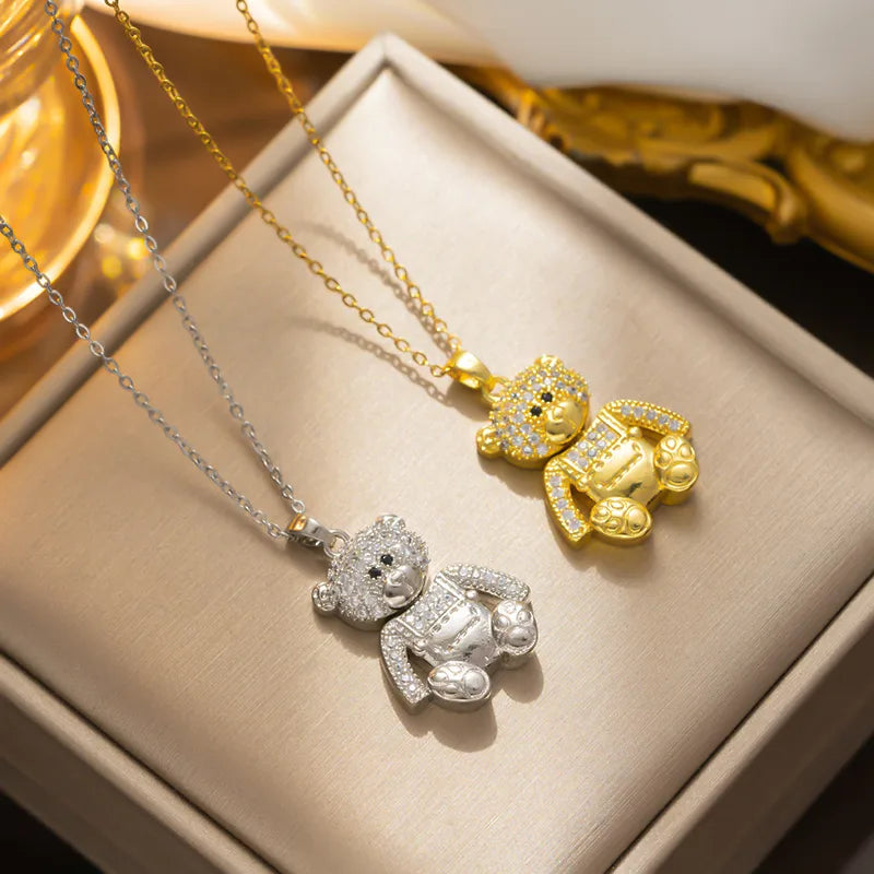 Cute Bear Stainless Steel Plating Inlay Zircon 18k Gold Plated Necklace