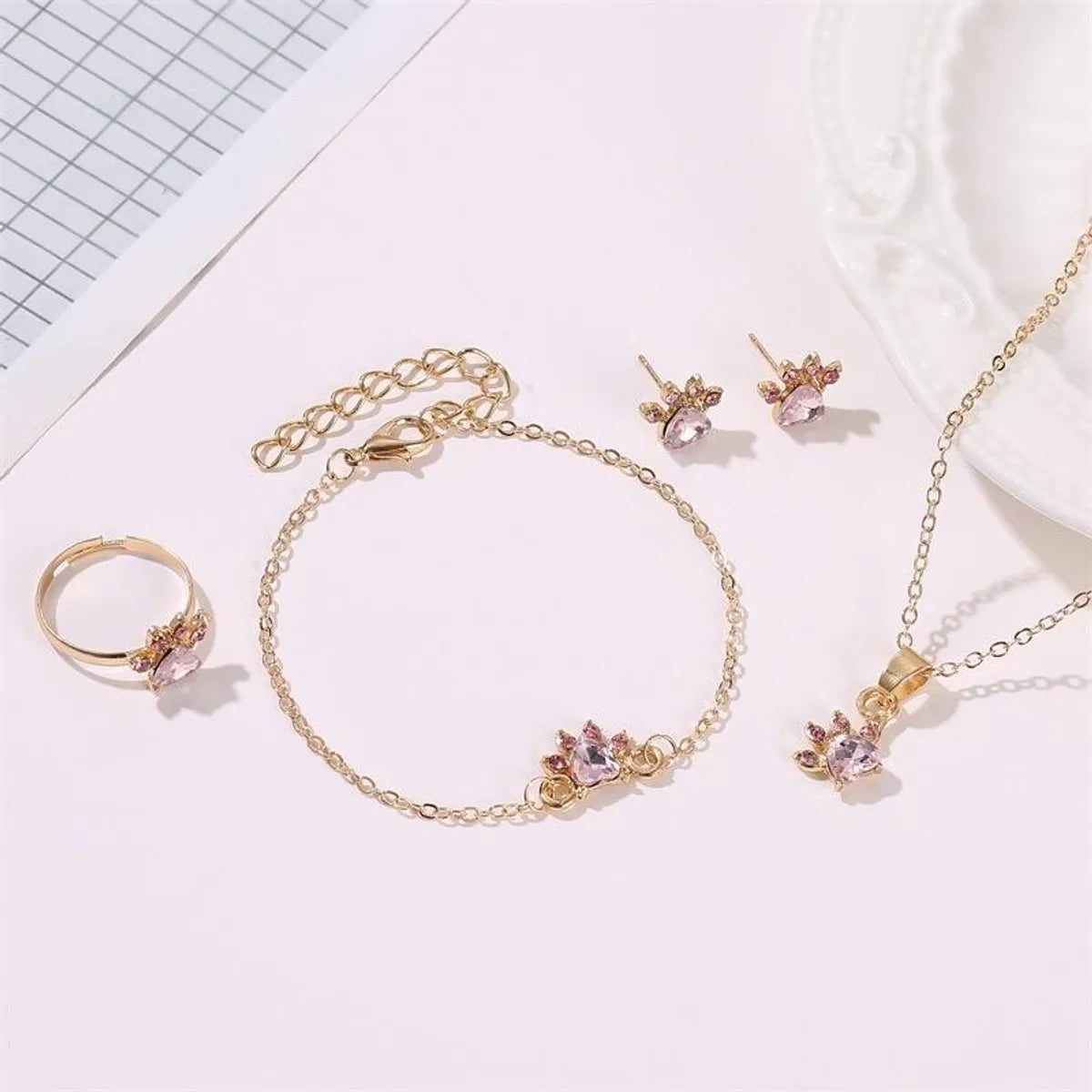 Cute Cartoon Cat Claw Necklace Earrings Four-piece Cat Footprint Zircon Ring Bracelet