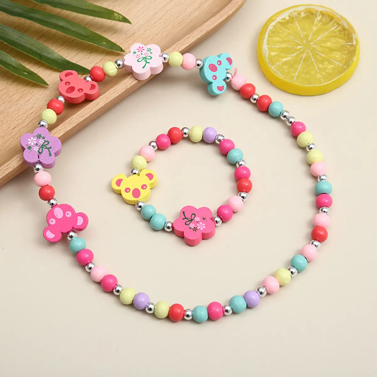 Cute Cartoon Character Flower Arylic Stoving Varnish Girl'S Bracelets Necklace 1 Set