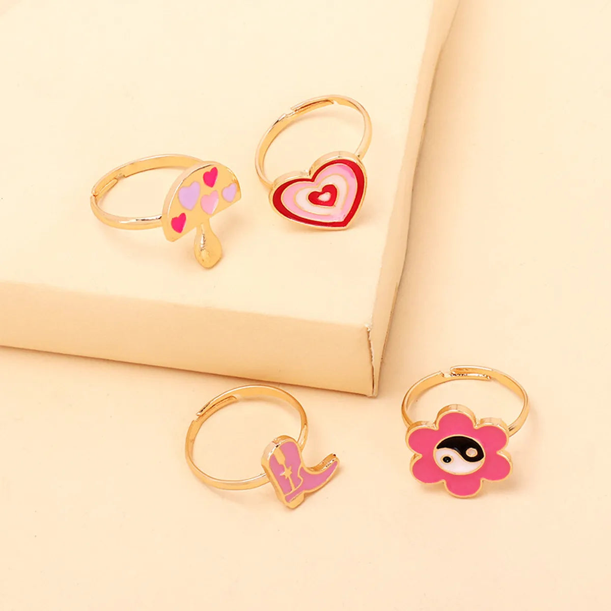 Cute Cartoon Dripping Oil Ring Combination Set Design Sense Flower Mushroom Boots Index Finger Joint Ring