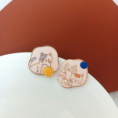 Cute Cat Alloy Asymmetrical Enamel Ear Studs