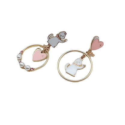 Cute Cat Alloy Enamel Artificial Pearls Drop Earrings