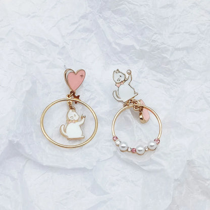 Cute Cat Alloy Enamel Artificial Pearls Drop Earrings