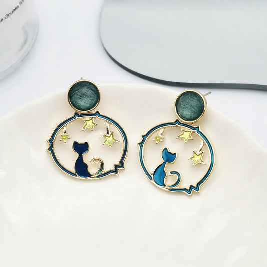 Cute Cat Alloy Enamel Drop Earrings