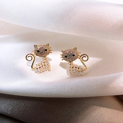 Cute Cat Alloy Inlay Artificial Pearls Rhinestones Women's Ear Studs 1 Pair