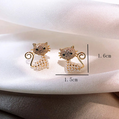 Cute Cat Alloy Inlay Artificial Pearls Rhinestones Women's Ear Studs 1 Pair