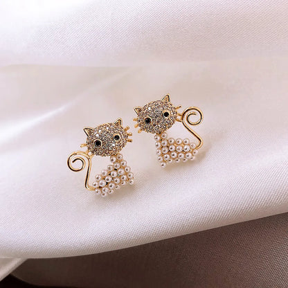 Cute Cat Alloy Inlay Artificial Pearls Rhinestones Women's Ear Studs 1 Pair