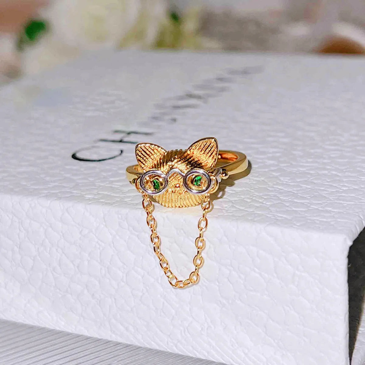 Cute Cat Copper Plating Inlay Artificial Gemstones Rings 1 Piece