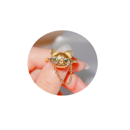 Cute Cat Copper Plating Inlay Artificial Gemstones Rings 1 Piece