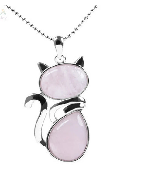 Cute Cat Natural Stone Copper Pendant Necklace In Bulk