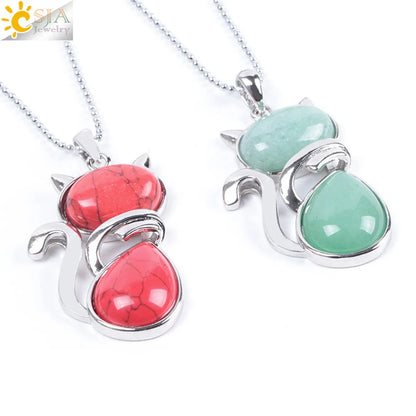 Cute Cat Natural Stone Copper Pendant Necklace In Bulk