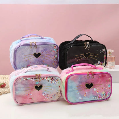 Cute Cat Plush Quicksand Square Makeup Bags