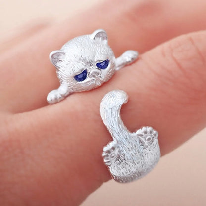 Cute Cat Silver Plated Rhinestones Alloy Wholesale Open Rings