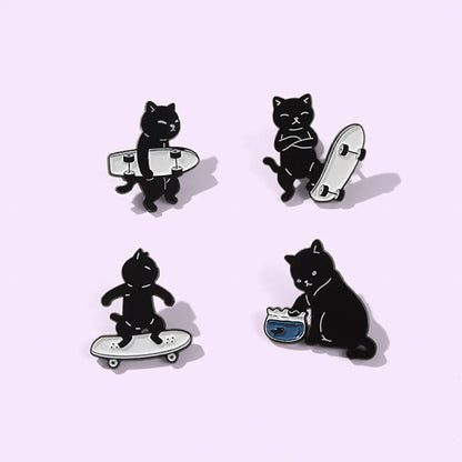 Cute Cat Skateboarding Shape Badge Cartoon Alloy Brooch