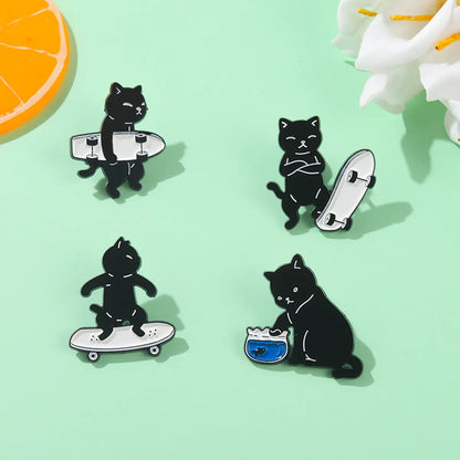 Cute Cat Skateboarding Shape Badge Cartoon Alloy Brooch