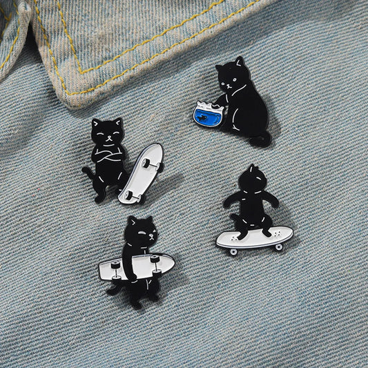 Cute Cat Skateboarding Shape Badge Cartoon Alloy Brooch